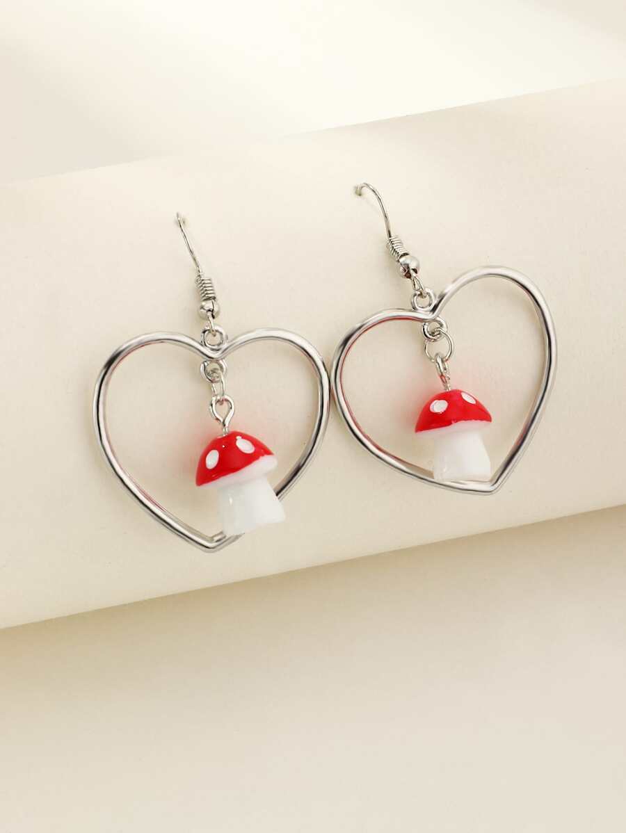 Mushroom & Heart Drop Earrings - Silver - View 1