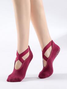 Tất thuyền chống trượt thời trang có lót nhiệt mềm mại ấm áp Ballet Criss-Cross Straps mũi tròn - Màu Đỏ Sâu - Xem 2