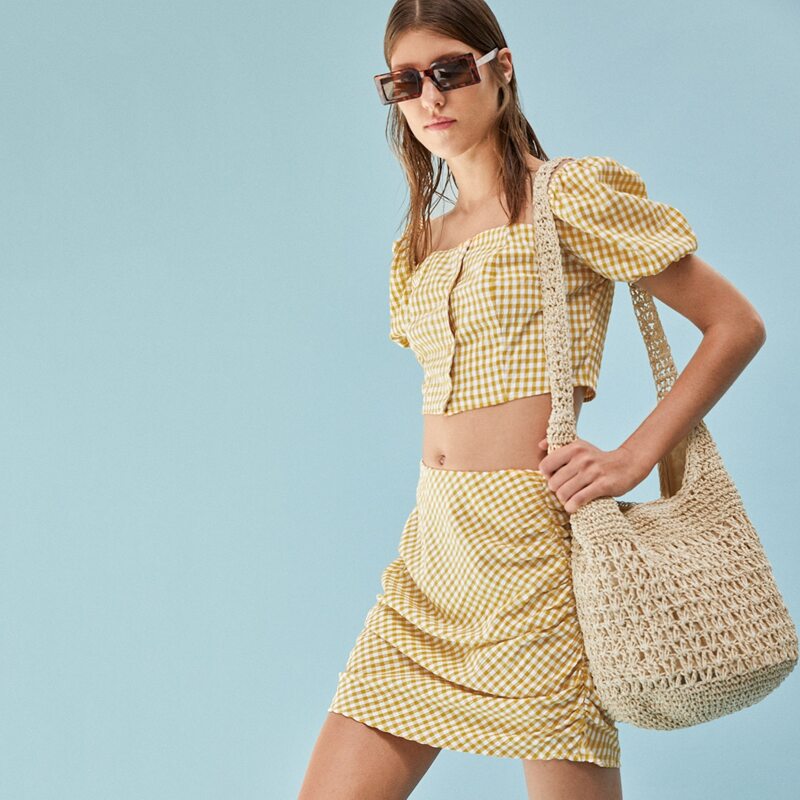 

Ruched Side Gingham Skirt, Yellow