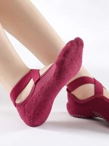 Tất thuyền chống trượt thời trang có lót nhiệt mềm mại ấm áp Ballet Criss-Cross Straps mũi tròn - Màu Đỏ Sâu - Xem 4