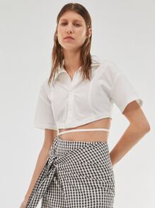 SHEIN Collared Tape Detail Crop Shirt - White - View 3