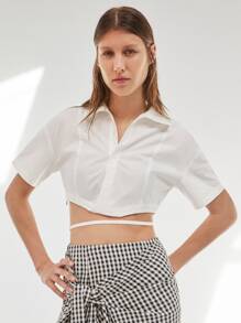 SHEIN Collared Tape Detail Crop Shirt - White - View 4