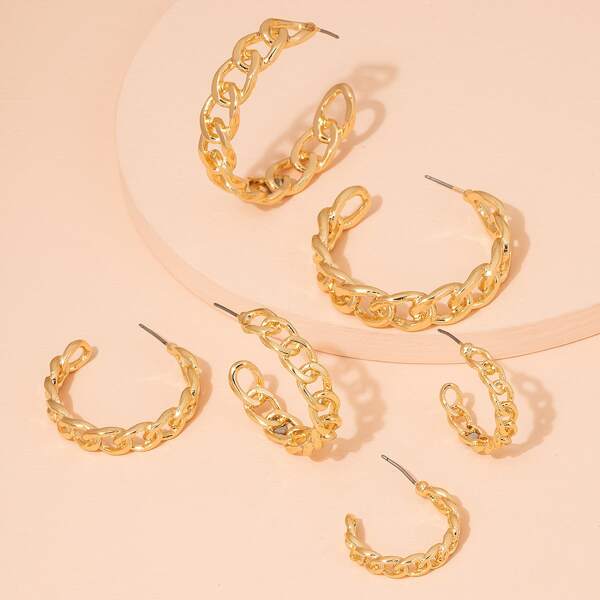

3pairs Chain Design Hoop Earrings, Gold