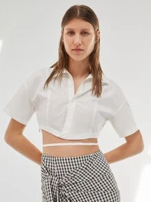 SHEIN Collared Tape Detail Crop Shirt - White - View 5