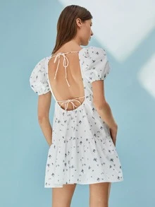 SHEIN 泡泡袖綁結露背小碎花洋裝 - 白色 - 查看 2
