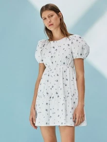 SHEIN 泡泡袖綁結露背小碎花洋裝 - 白色 - 查看 3