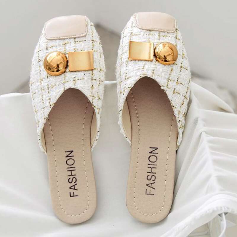 

Plaid Square Toe Flat Mules, Beige