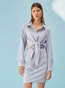 SHEIN Áo sơ mi Collared Tie Trước Rô - Màu xanh nhạt - Xem 1