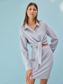 SHEIN Áo sơ mi Collared Tie Trước Rô - Màu xanh nhạt - Xem 5