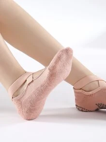 1 Pair Fashionable Crisscross Strap Anti-Slip Yoga Socks With Round Toe, Soft Towel Bottom For Indoor Pilates, Barre, Ballet, Dance, Trampoline, Fitness, Workout - Baby Pink - View 4