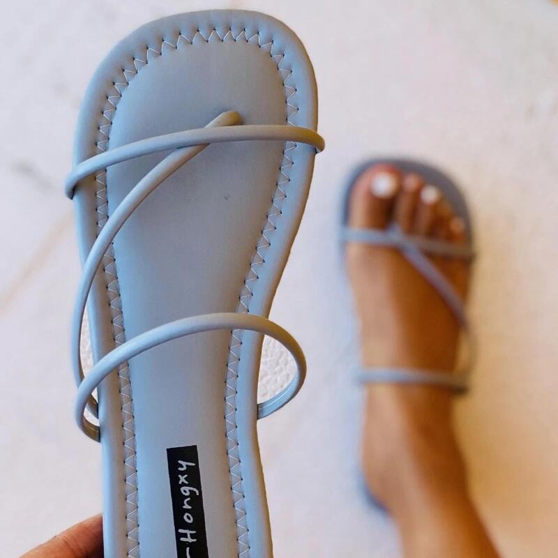 

Skinny Strap Slide Sandals, Blue