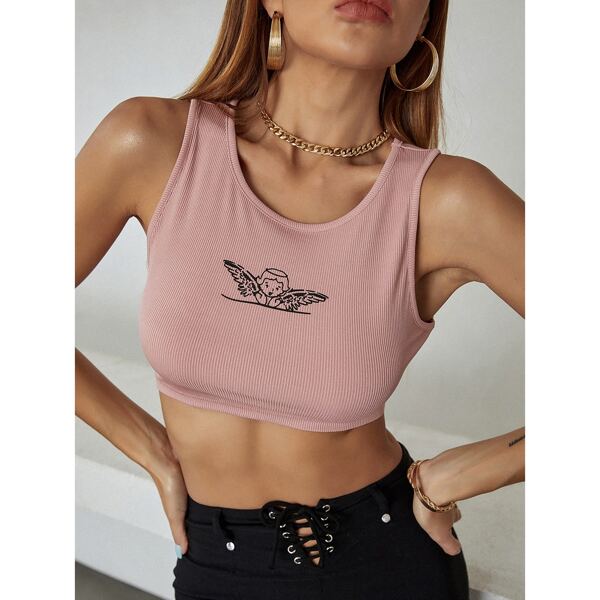 

Angel Print Crop Tank Top, Dusty pink