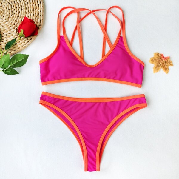 

Contrast Binding Bikini Swimsuit, Hot pink