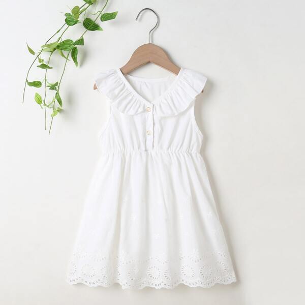 

Toddler Girls Half Button Ruffle Trim Dress, White