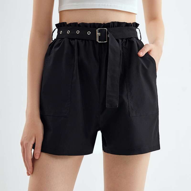 

Solid Paperbag Waist Shorts With Belt, Black