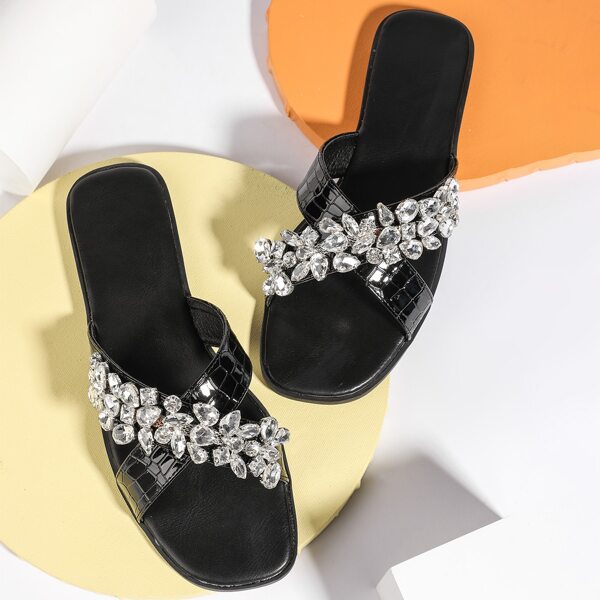 

Gemstone Decor Croc Embossed Slide Sandals, Black