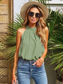 Keyhole Back Halter Top - Olive Green - View 5