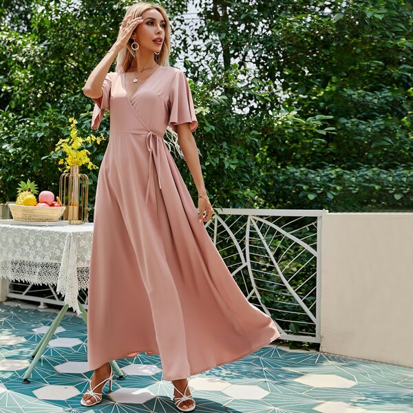 

Solid Tie Side Wrap Dress, Dusty pink