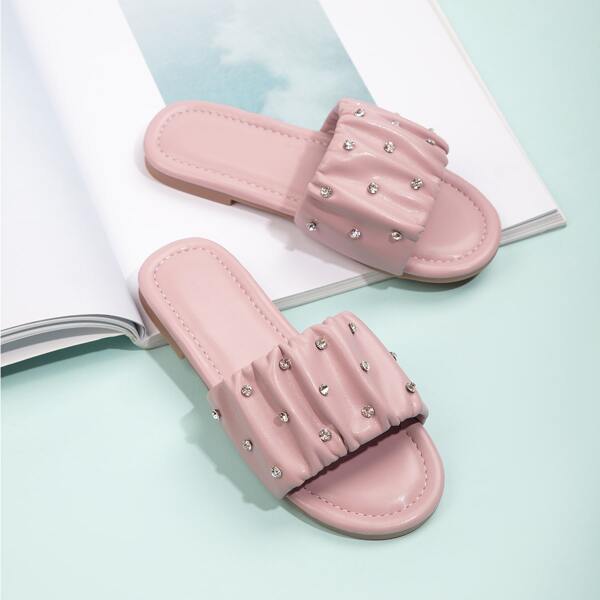

Girls Rhinestone Decor Ruched Slippers, Pink