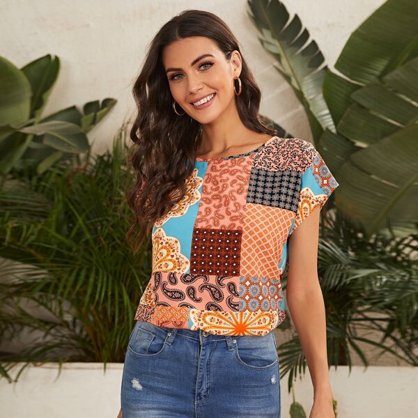 

Patchwork Print Batwing Sleeve Top, Multicolor