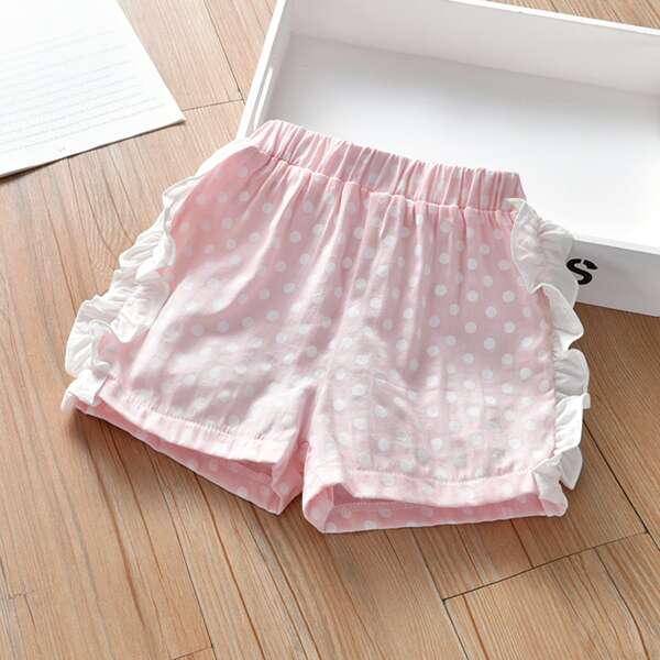 

Toddler Girls Contrast Ruffle Trim Polka Dot Shorts, Baby pink