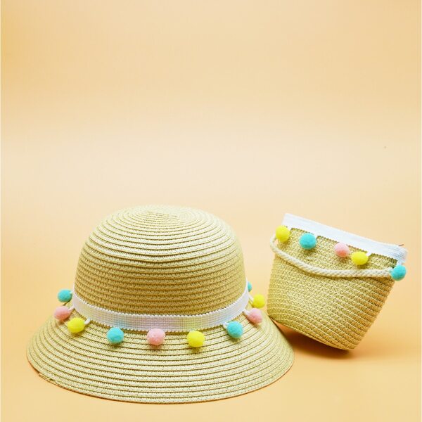 

Toddler Girls Pom Pom Decor Straw Hat & Bag, Beige