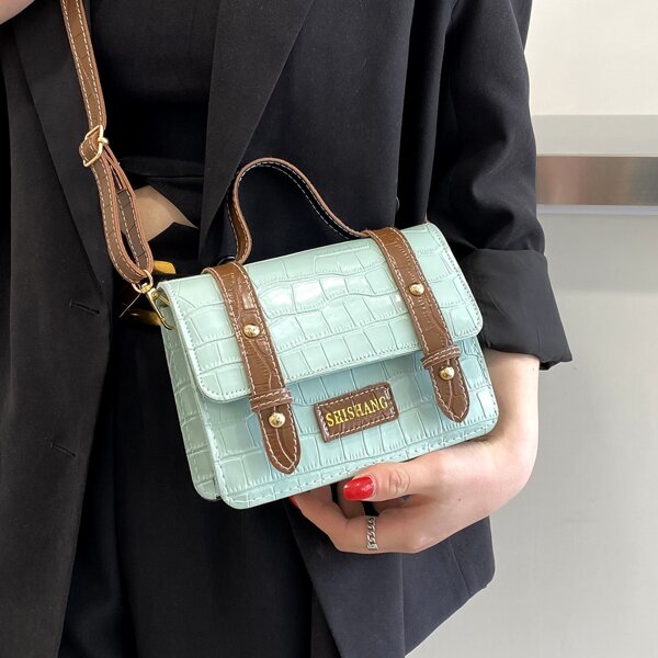 

Croc Embossed Top Handle Satchel Bag, Green