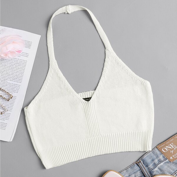 

Solid Crop Knit Halter Top, Beige