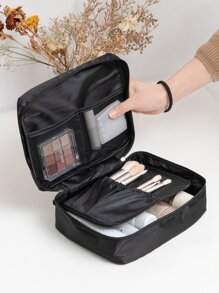 1 pieza neceser de viaje grande portátil, neceser de viaje para mujer con asa y divisor, neceser de poliéster para viaje - Negro - Ver 4