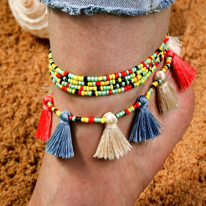 

2pcs Tassel Beaded Anklet, Multicolor
