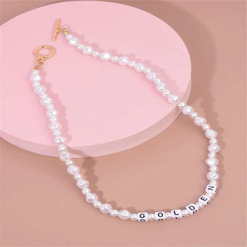 

Letter & Faux Pearl Beaded Necklace, White