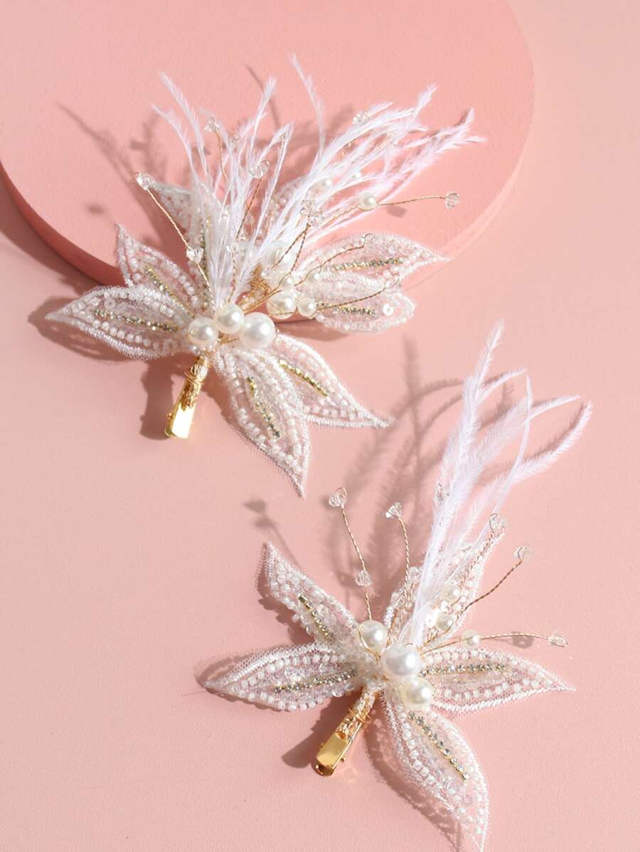 2pcs Girls' Pearl & Feather Hair Clips With Rhinestone & Crystal Leaf Design For Dress Up, Wedding Or Stage Performance - White - View 1
