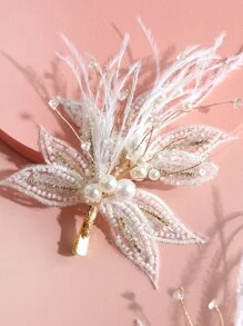 2pcs Girls' Pearl & Feather Hair Clips With Rhinestone & Crystal Leaf Design For Dress Up, Wedding Or Stage Performance - White - View 2