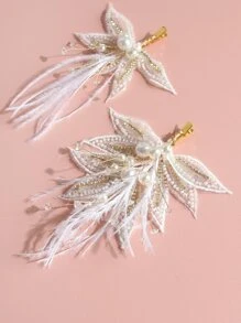 2pcs Girls' Pearl & Feather Hair Clips With Rhinestone & Crystal Leaf Design For Dress Up, Wedding Or Stage Performance - White - View 4