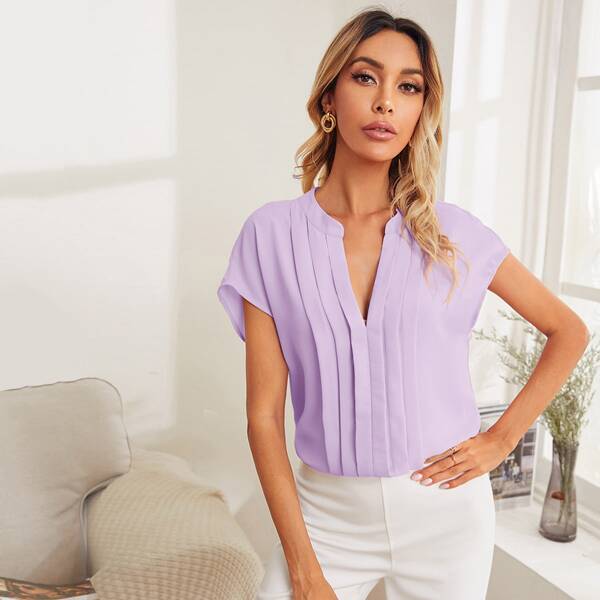 

Notch Neck Fold Pleated Top, Lilac purple