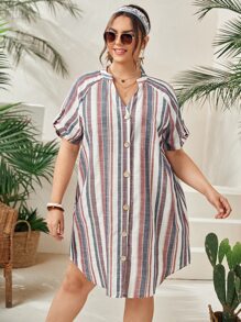 SHEIN LUNE Vestido de rayas de manga remangada - Multicolor - Ver 5