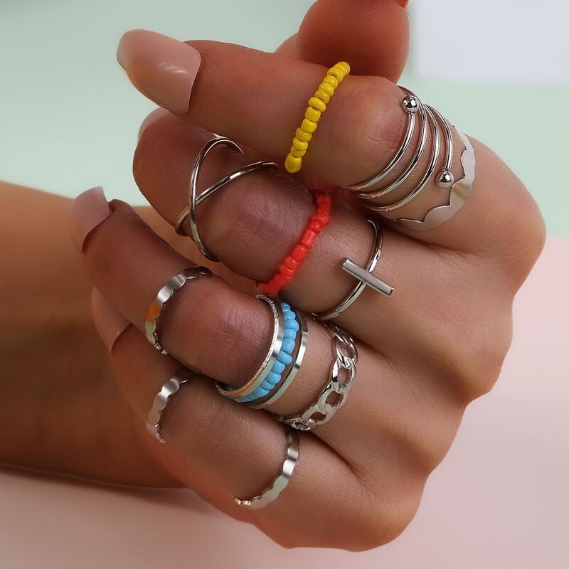 

12pcs Heart Decor Cuff & Beaded Ring, Multicolor