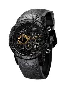 BIDEN Biden Watch Men's Large Dial Watch Chronograph 3D Carved Dragon Waterproof Sports Quartz Watch Elegant Men's Gift, Silicone Strap+Box