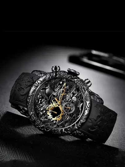 BIDEN 1件男士大表盘腕表，军用计时码表，3D龙形雕刻，防水运动腕表，男士优雅礼物