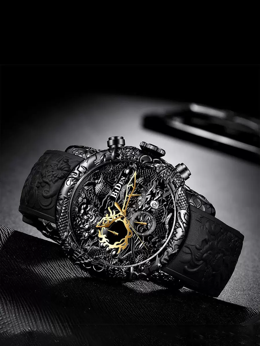 BIDEN 1pc Men's Large Dial Wrist Watch, Military Chronograph 3D Dragon Engraved Waterproof Sports Watch, Elegant Gift For Men