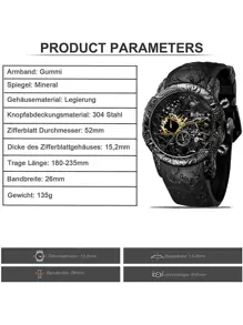 BIDEN Biden Watch Men's Large Dial Watch Chronograph 3D Carved Dragon Waterproof Sports Quartz Watch Elegant Men's Gift, Silicone Strap+Box