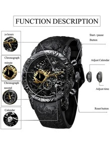 BIDEN Biden Watch Men's Large Dial Watch Chronograph 3D Carved Dragon Waterproof Sports Quartz Watch Elegant Men's Gift, Silicone Strap+Box