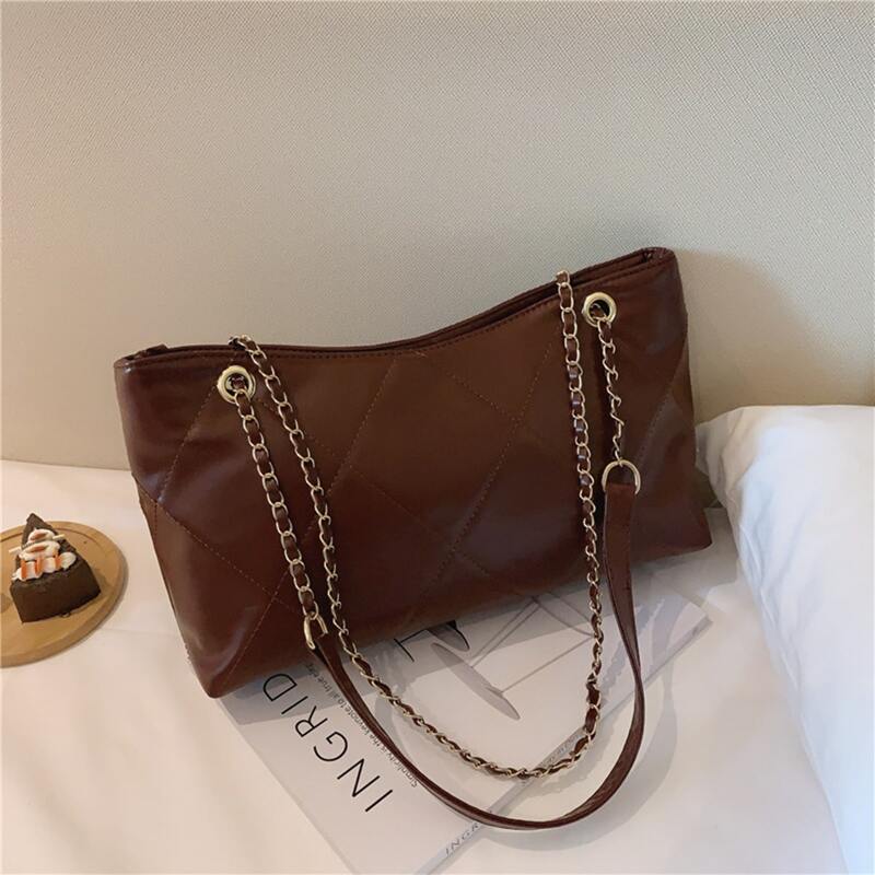 

Quilted Chain Tote Bag, Brown