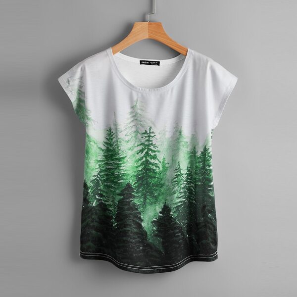 

Batwing Sleeve Landscape Print Tee, Multicolor