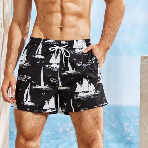 

Men Ship Print Drawstring Swim Trunks, Black