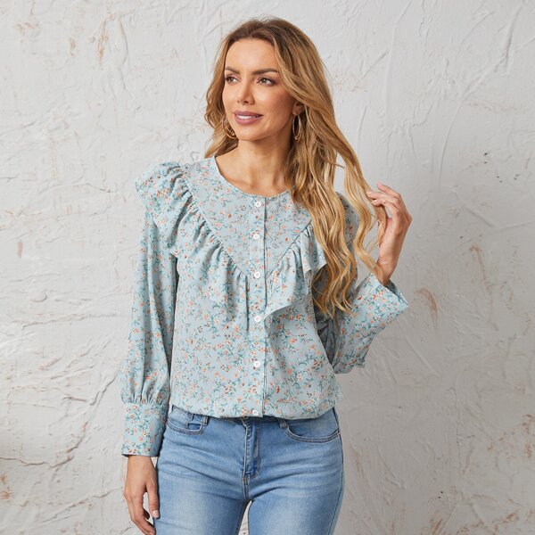 

Ditsy Floral Ruffle Trim Blouse, Baby blue