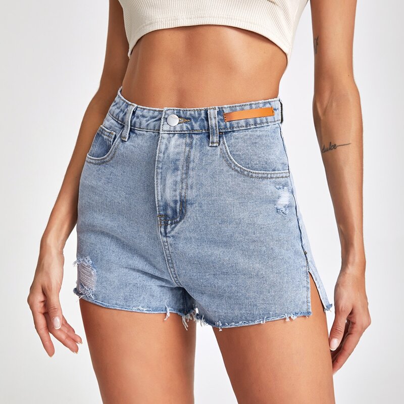 

Raw Hem Side Split Denim Shorts, Light wash