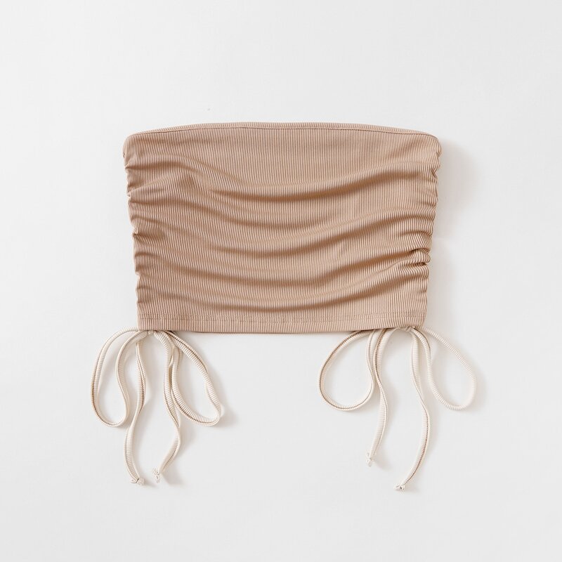 

Solid Drawstring Ribbed Crop Tube Top, Mocha brown