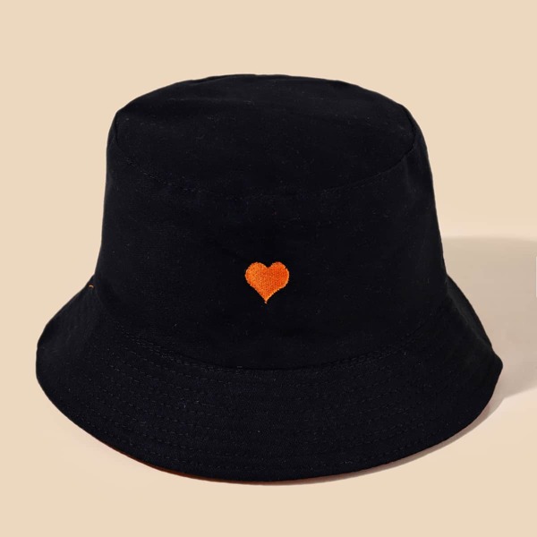 

Heart Embroidered Reversible Bucket Hat, Black