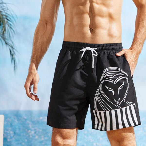 

Men Striped And Graphic Print Swim Trunks, Black
